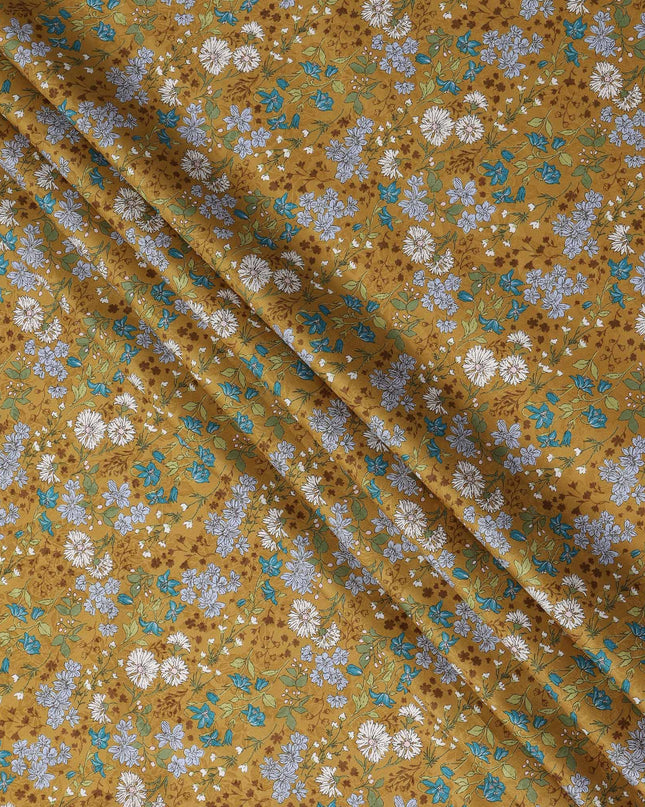 Mustard yellow cotton lawn printed Fabric with teal, white and sage botanical floral, 110 Cms Width, India-D25285