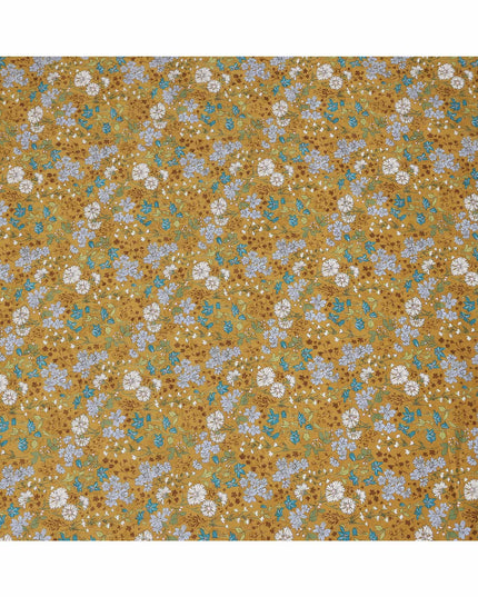 Mustard yellow cotton lawn printed Fabric with teal, white and sage botanical floral, 110 Cms Width, India-D25285