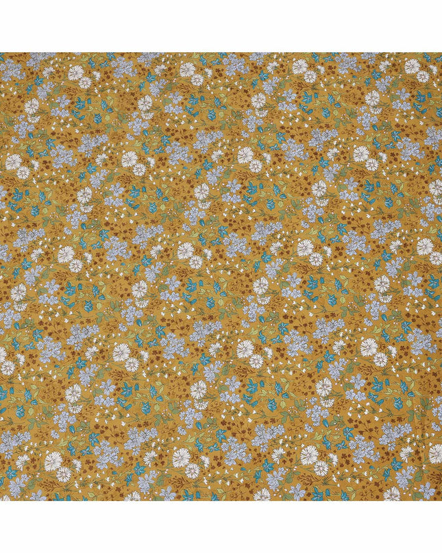Mustard yellow cotton lawn printed Fabric with teal, white and sage botanical floral, 110 Cms Width, India-D25285