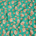 Sea green cotton lawn printed Fabric with peach rose bouquets and olive leaves, 110 Cms Width, India-D25287