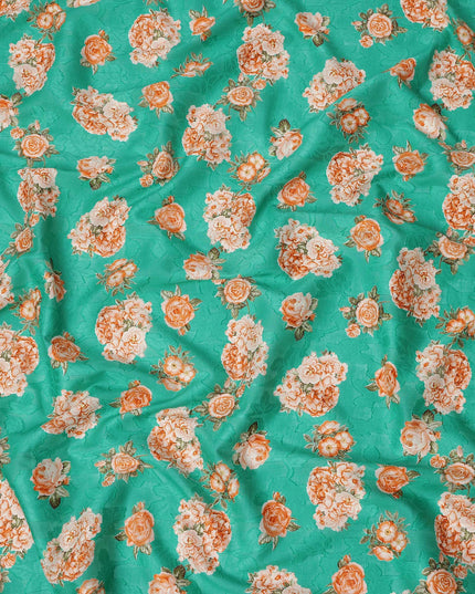 Sea green cotton lawn printed Fabric with peach rose bouquets and olive leaves, 110 Cms Width, India-D25287