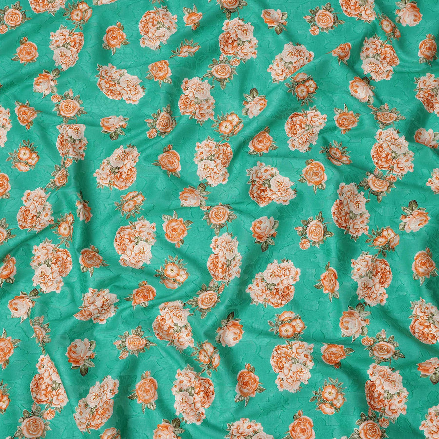Sea green cotton lawn printed Fabric with peach rose bouquets and olive leaves, 110 Cms Width, India-D25287