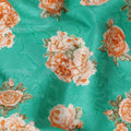 Sea green cotton lawn printed Fabric with peach rose bouquets and olive leaves, 110 Cms Width, India-D25287
