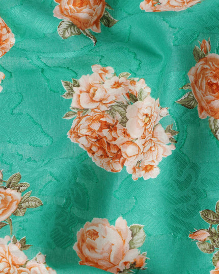 Sea green cotton lawn printed Fabric with peach rose bouquets and olive leaves, 110 Cms Width, India-D25287