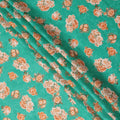 Sea green cotton lawn printed Fabric with peach rose bouquets and olive leaves, 110 Cms Width, India-D25287