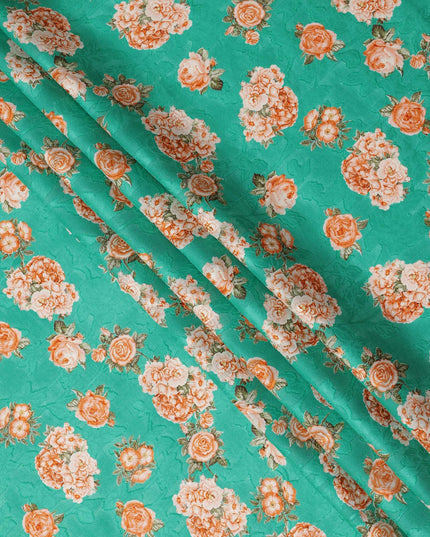Sea green cotton lawn printed Fabric with peach rose bouquets and olive leaves, 110 Cms Width, India-D25287