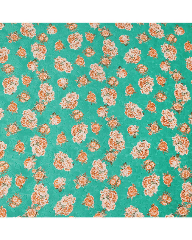 Sea green cotton lawn printed Fabric with peach rose bouquets and olive leaves, 110 Cms Width, India-D25287