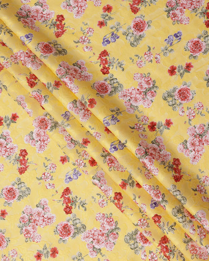 Yellow Floral Printed Cotton Uragiri Voile Fabric, 110 Cms Width, Japan-D25292
