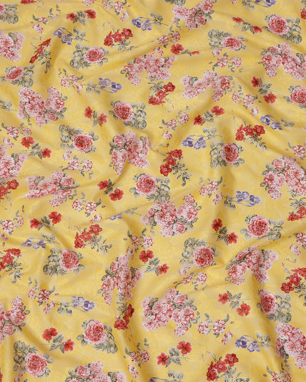 Yellow Floral Printed Cotton Uragiri Voile Fabric, 110 Cms Width, Japan-D25294