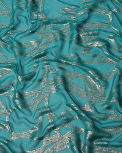 Teal Abstract Silk Chiffon Fabric with Metallic Lurex, 140 Cms, South Korea-D25486