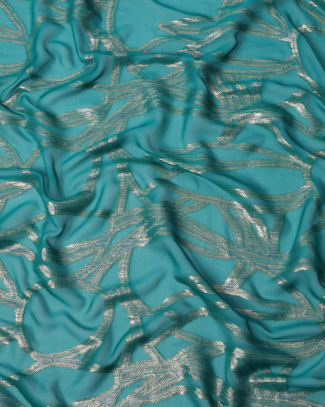 Teal Abstract Silk Chiffon Fabric with Metallic Lurex, 140 Cms, South Korea-D25486