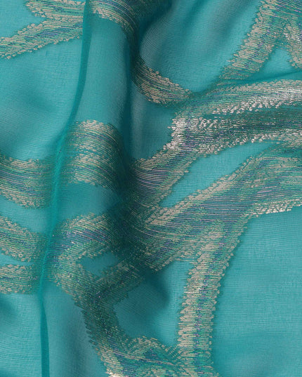 Teal Abstract Silk Chiffon Fabric with Metallic Lurex, 140 Cms, South Korea-D25486
