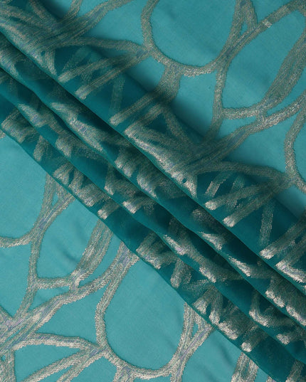 Teal Abstract Silk Chiffon Fabric with Metallic Lurex, 140 Cms, South Korea-D25486