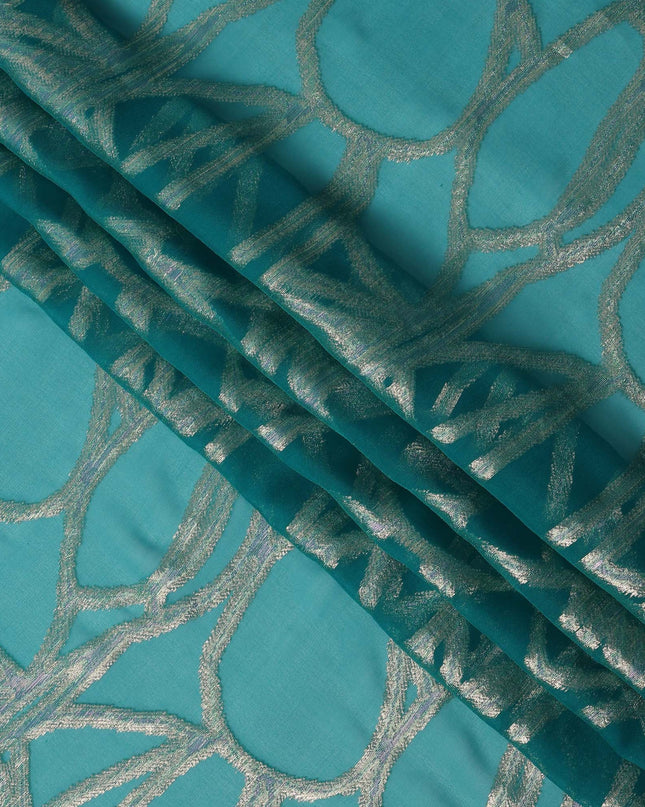 Teal Abstract Silk Chiffon Fabric with Metallic Lurex, 140 Cms, South Korea-D25486