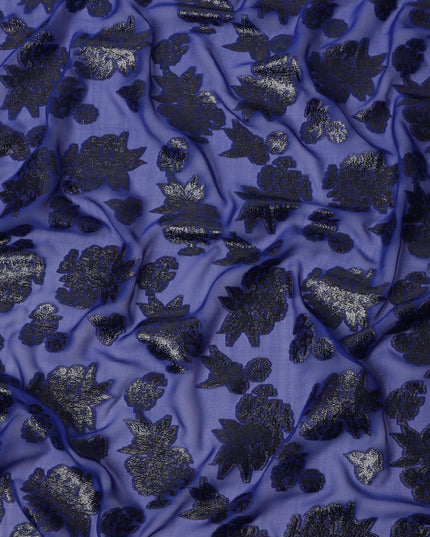 Blue Floral Pattern Silk Chiffon Fabric with Metallic Lurex, 110 Cms, South Korea-D25496