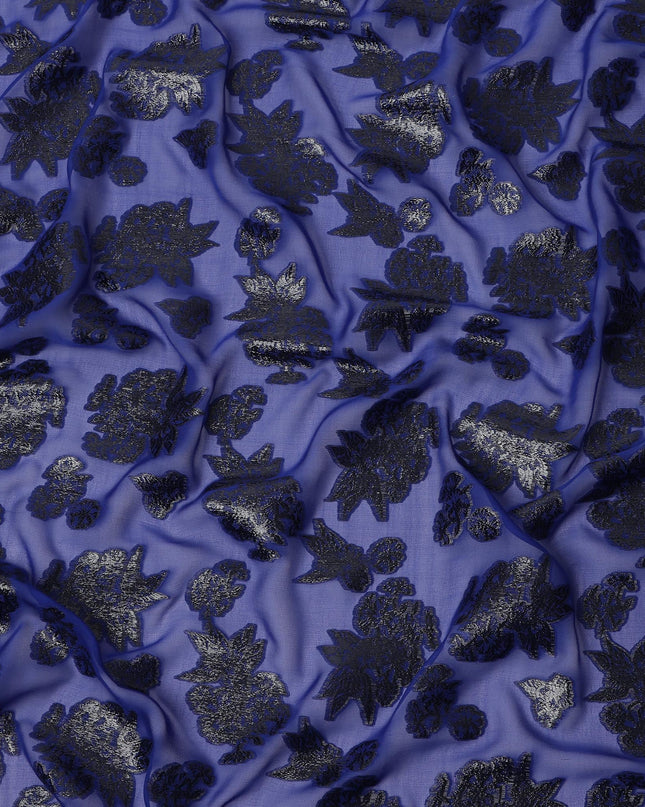 Blue Floral Pattern Silk Chiffon Fabric with Metallic Lurex, 110 Cms, South Korea-D25496
