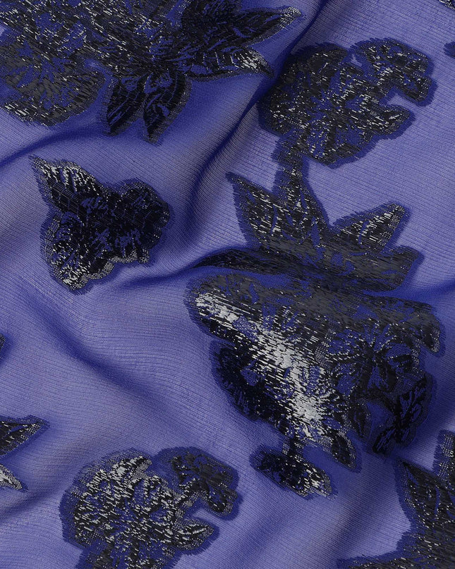 Blue Floral Pattern Silk Chiffon Fabric with Metallic Lurex, 110 Cms, South Korea-D25496
