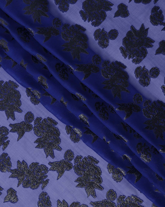 Blue Floral Pattern Silk Chiffon Fabric with Metallic Lurex, 110 Cms, South Korea-D25496