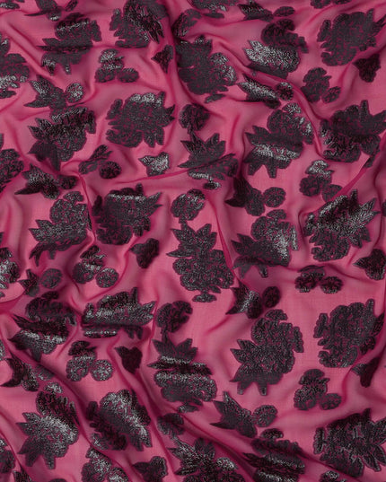 Pink Floral Pattern Silk Chiffon Fabric with Metallic Lurex, 110 Cms, South Korea-D25497