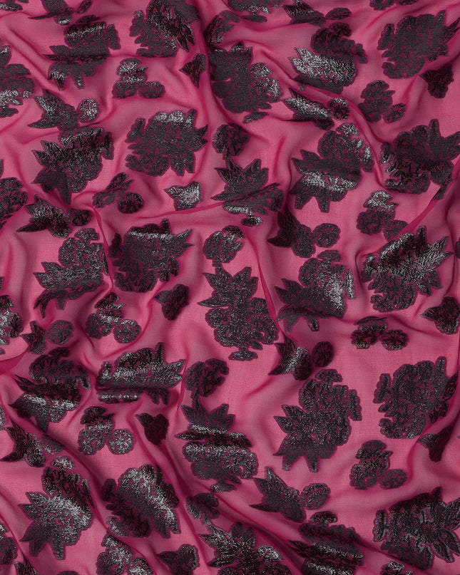 Pink Floral Pattern Silk Chiffon Fabric with Metallic Lurex, 110 Cms, South Korea-D25497