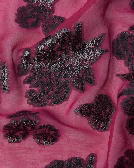 Pink Floral Pattern Silk Chiffon Fabric with Metallic Lurex, 110 Cms, South Korea-D25497