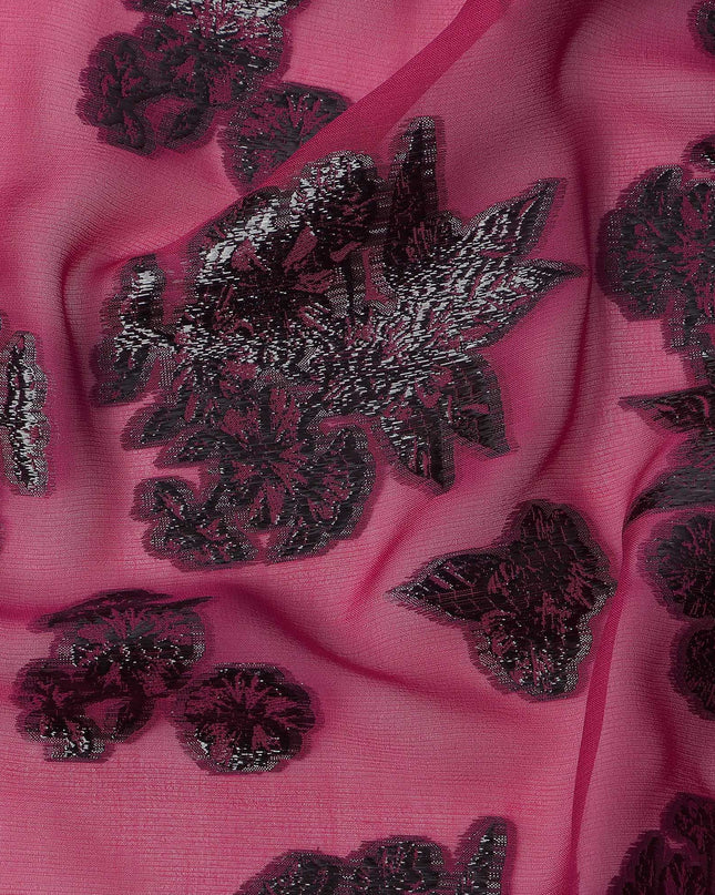 Pink Floral Pattern Silk Chiffon Fabric with Metallic Lurex, 110 Cms, South Korea-D25497