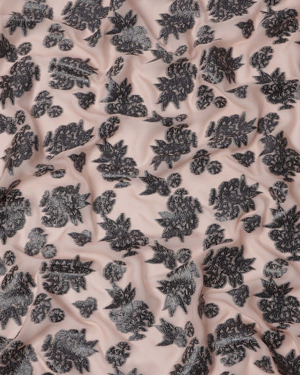 Peach Floral Pattern Silk Chiffon Fabric with Metallic Lurex, 110 Cms, South Korea-D25498