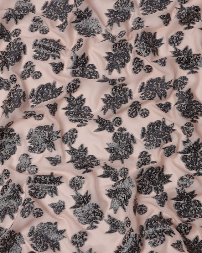 Peach Floral Pattern Silk Chiffon Fabric with Metallic Lurex, 110 Cms, South Korea-D25498