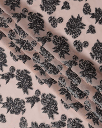 Peach Floral Pattern Silk Chiffon Fabric with Metallic Lurex, 110 Cms, South Korea-D25498