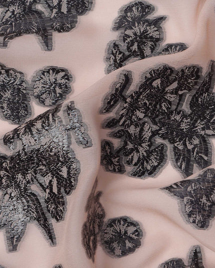 Peach Floral Pattern Silk Chiffon Fabric with Metallic Lurex, 110 Cms, South Korea-D25498