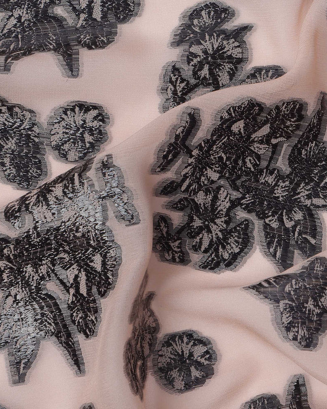 Peach Floral Pattern Silk Chiffon Fabric with Metallic Lurex, 110 Cms, South Korea-D25498