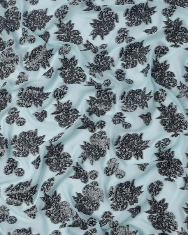 Light Blue Floral Pattern Silk Chiffon Fabric with Metallic Lurex, 110 Cms, South Korea-D25499