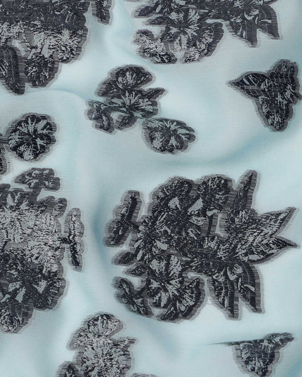 Light Blue Floral Pattern Silk Chiffon Fabric with Metallic Lurex, 110 Cms, South Korea-D25499