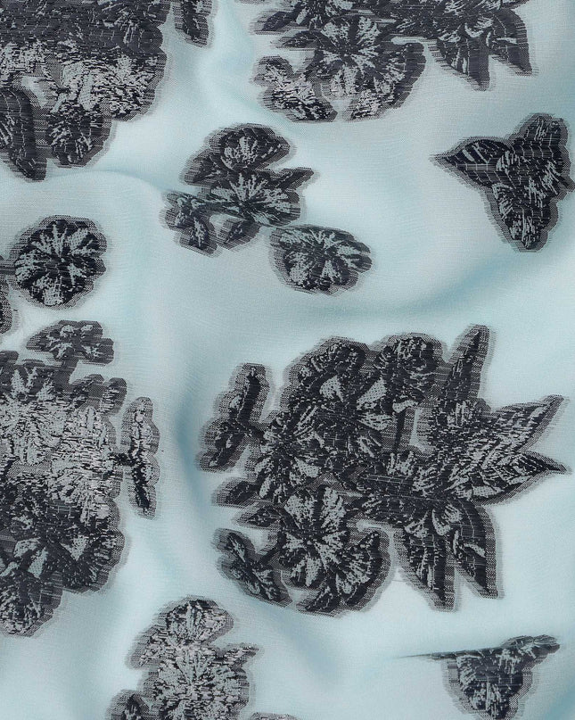 Light Blue Floral Pattern Silk Chiffon Fabric with Metallic Lurex, 110 Cms, South Korea-D25499