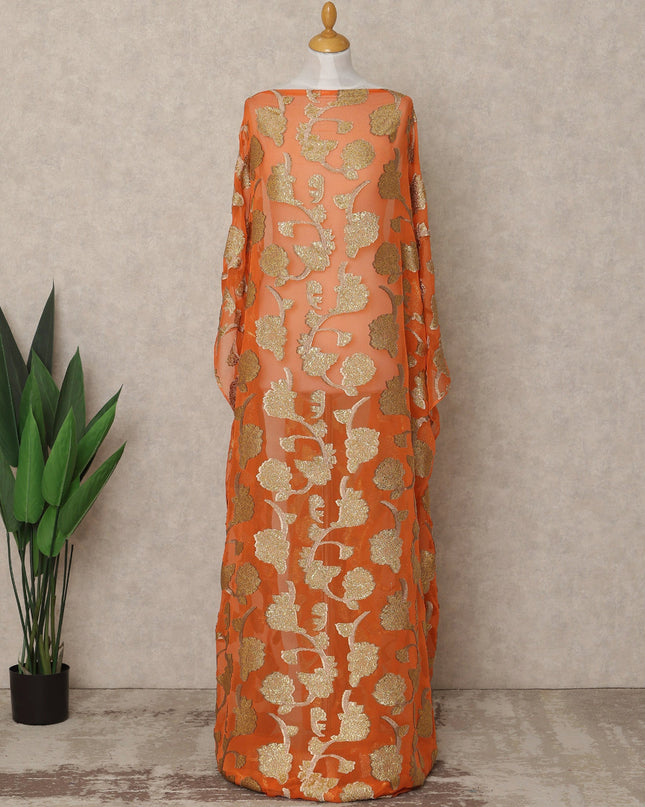 Orange Fransawi Traditional Somali Silk Chiffon Dirac Fabric with Metallic Lurex, 3.5 Mtrs, Width 140 Cms, France-D26503