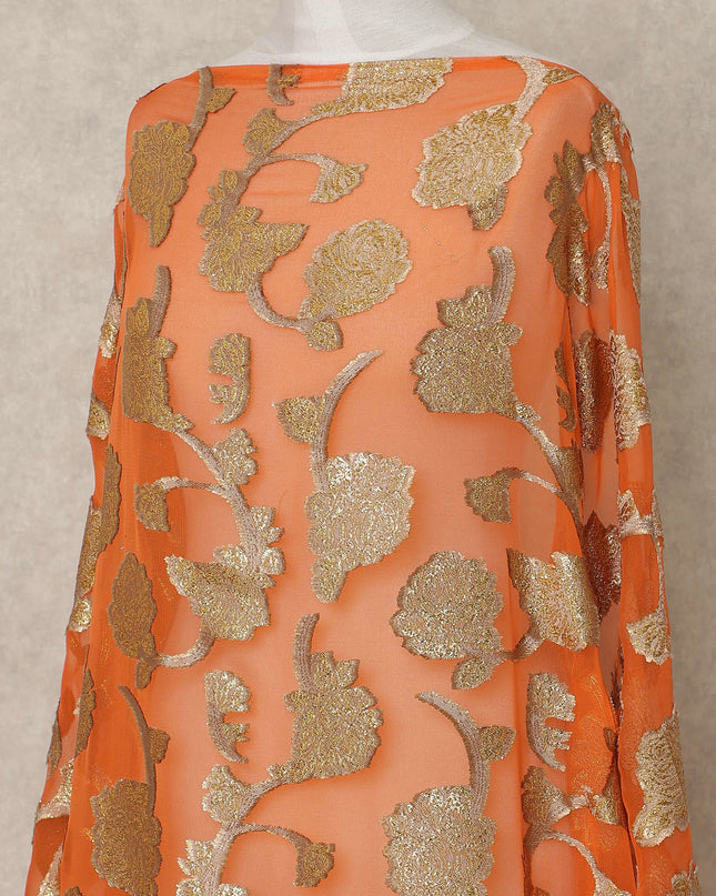Orange Fransawi Traditional Somali Silk Chiffon Dirac Fabric with Metallic Lurex, 3.5 Mtrs, Width 140 Cms, France-D26503