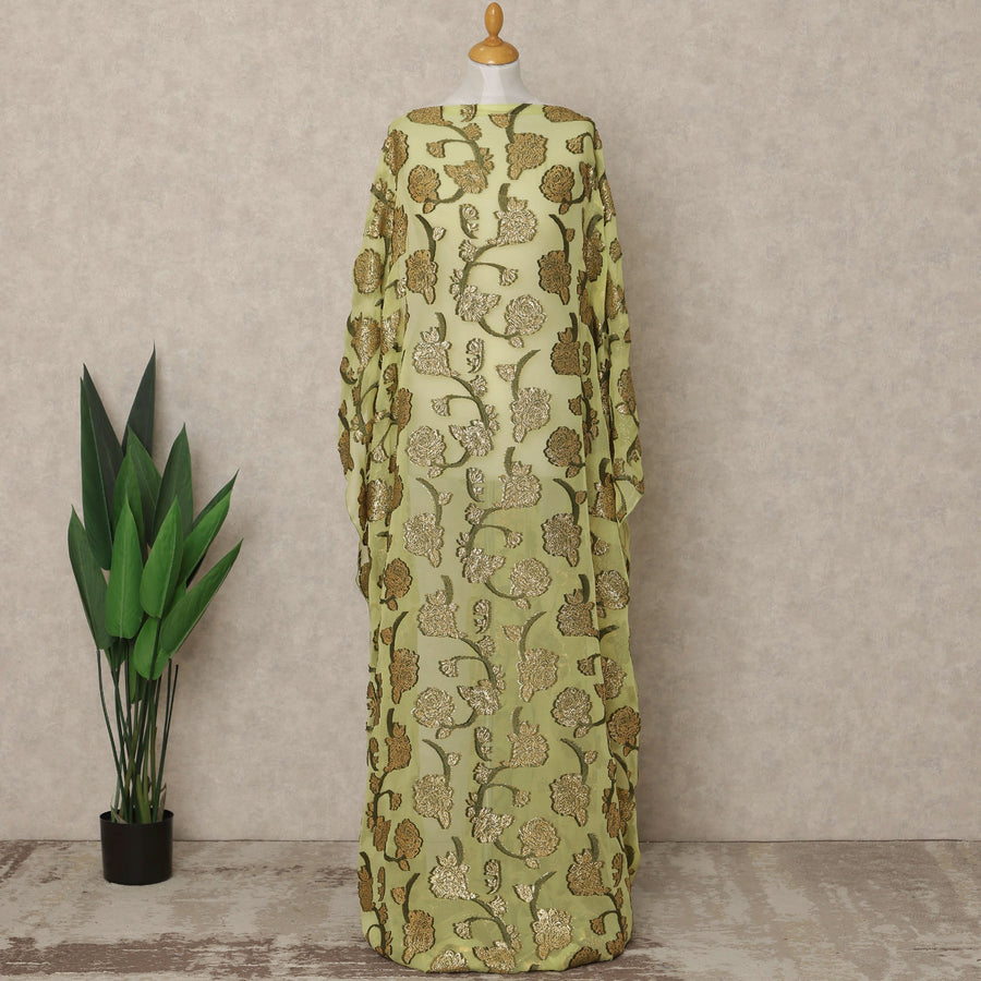 Olive Green Fransawi Traditional Somali Silk Chiffon Dirac Fabric with Metallic Lurex, 3.5 Mtrs, Width 140 Cms, France-D26505
