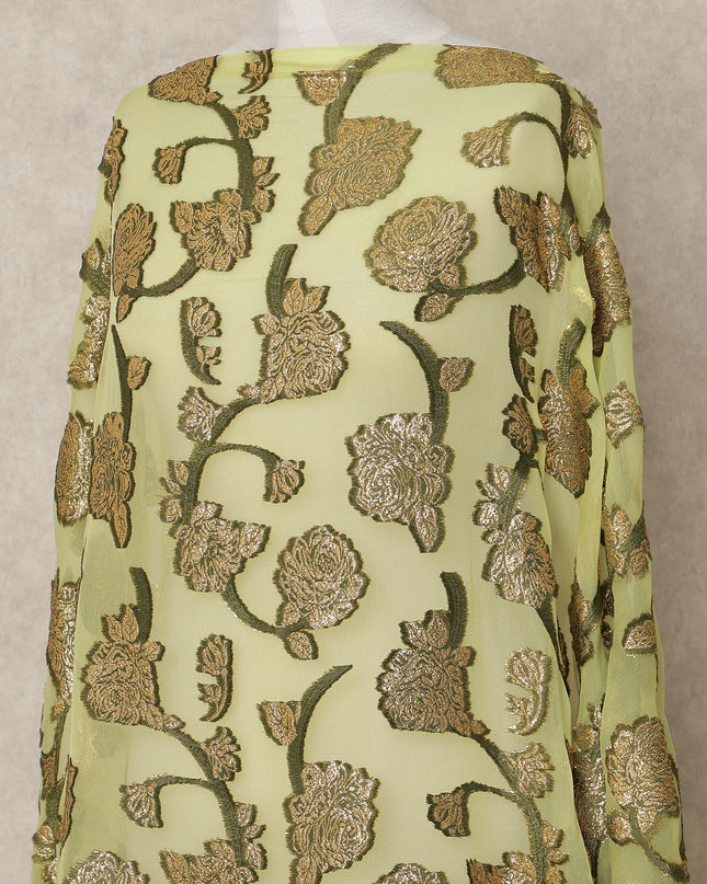 Olive Green Fransawi Traditional Somali Silk Chiffon Dirac Fabric with Metallic Lurex, 3.5 Mtrs, Width 140 Cms, France-D26505