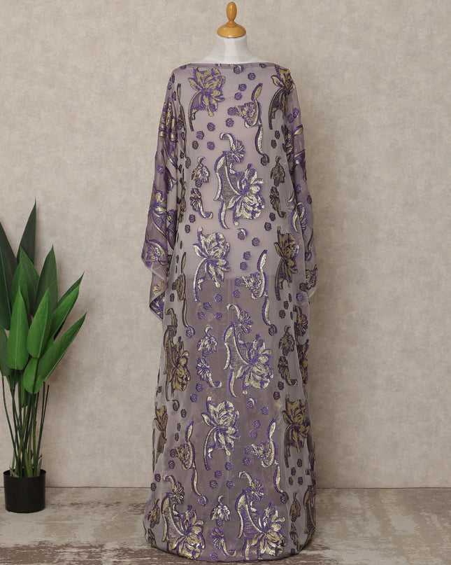 Purple Grey Fransawi Traditional Somali Silk Chiffon Dirac Fabric with Metallic Lurex, 3.5 Mtrs, Width 140 Cms, France-D26506