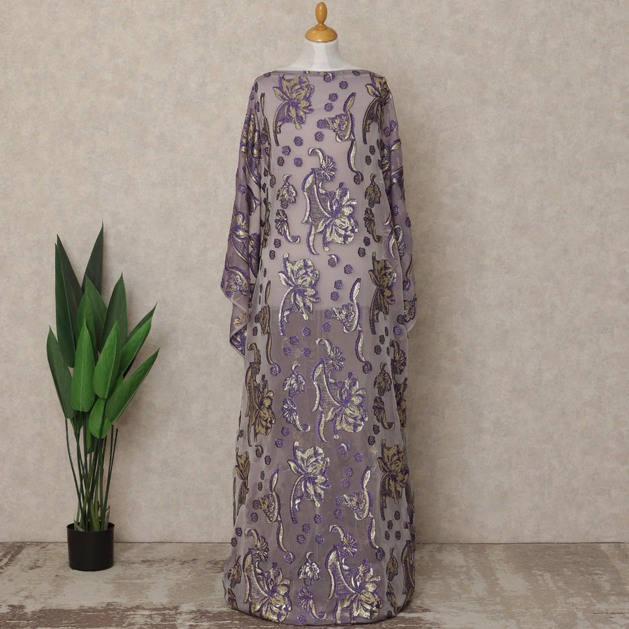 Purple Grey Fransawi Traditional Somali Silk Chiffon Dirac Fabric with Metallic Lurex, 3.5 Mtrs, Width 140 Cms, France-D26506