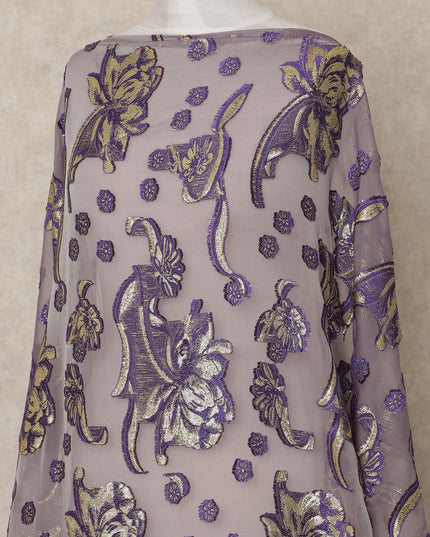 Purple Grey Fransawi Traditional Somali Silk Chiffon Dirac Fabric with Metallic Lurex, 3.5 Mtrs, Width 140 Cms, France-D26506