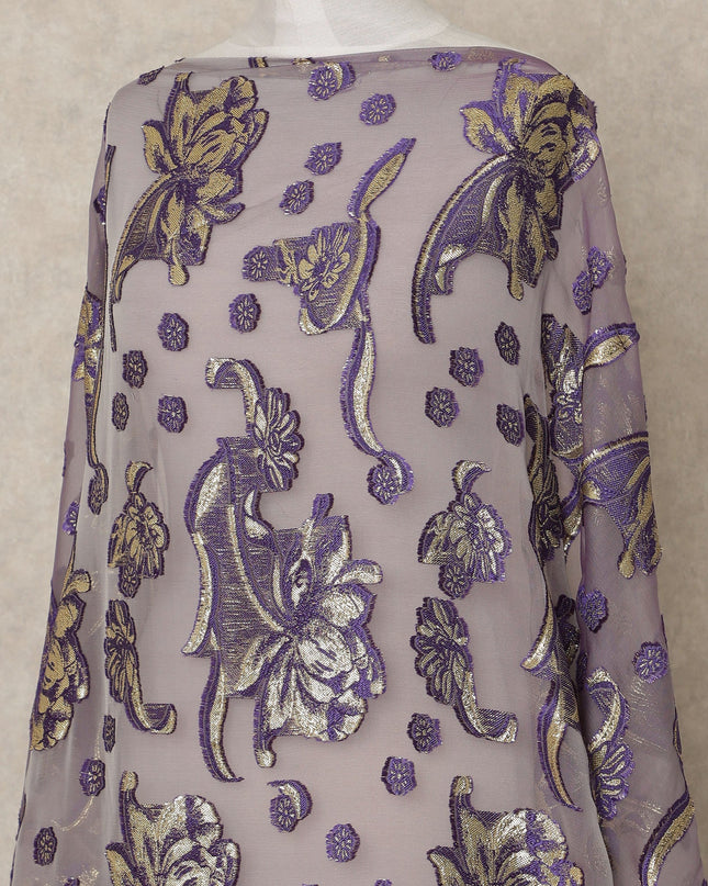 Purple Grey Fransawi Traditional Somali Silk Chiffon Dirac Fabric with Metallic Lurex, 3.5 Mtrs, Width 140 Cms, France-D26506