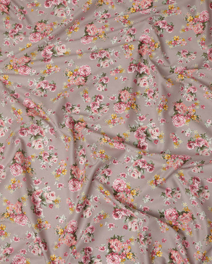 Taupe Floral Printed Cotton Lawn Fabric 110 Cms Width India-D27755 - Regal Fabrics