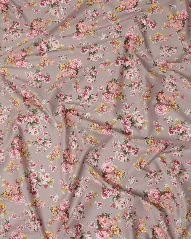 Taupe Floral Printed Cotton Lawn Fabric 110 Cms Width India-D27755 - Regal Fabrics