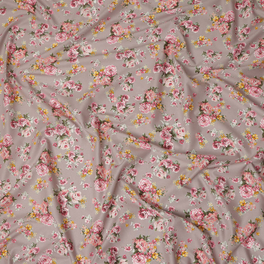 Taupe Floral Printed Cotton Lawn Fabric 110 Cms Width India-D27755 - Regal Fabrics