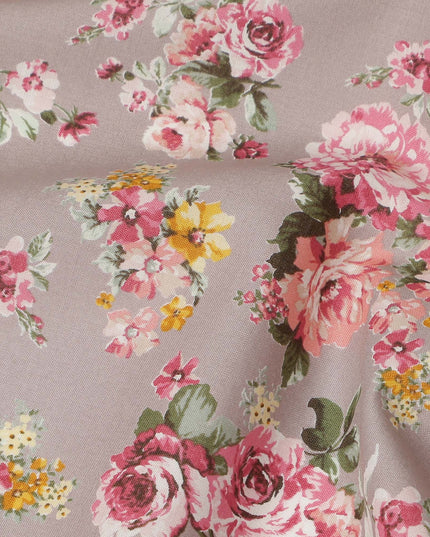 Taupe Floral Printed Cotton Lawn Fabric 110 Cms Width India-D27755 - Regal Fabrics