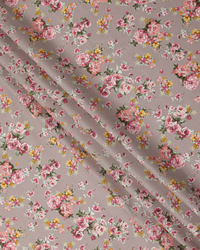 Taupe Floral Printed Cotton Lawn Fabric 110 Cms Width India-D27755 - Regal Fabrics