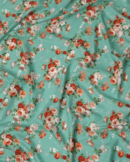 Sea Green Floral Printed Cotton Lawn Fabric 110 Cms Width India-D27756 - Regal Fabrics