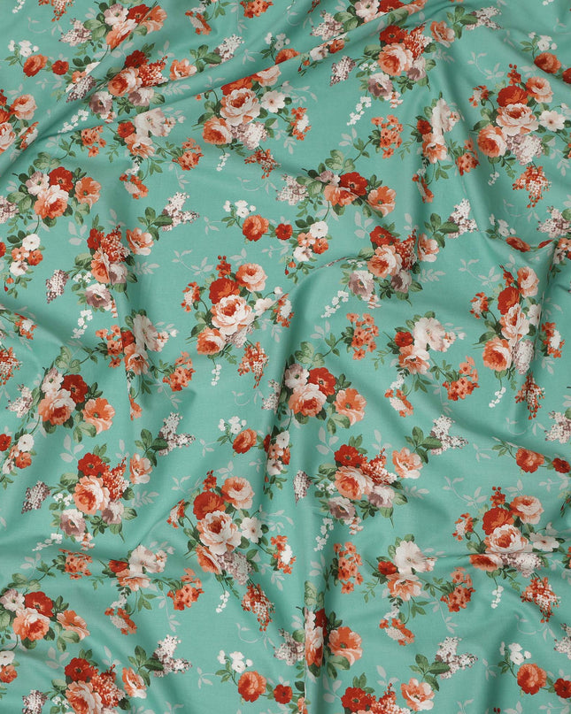 Sea Green Floral Printed Cotton Lawn Fabric 110 Cms Width India-D27756 - Regal Fabrics