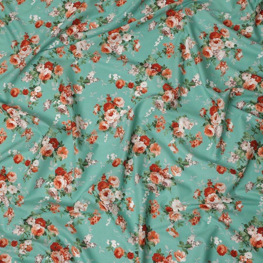 Sea Green Floral Printed Cotton Lawn Fabric 110 Cms Width India-D27756 - Regal Fabrics